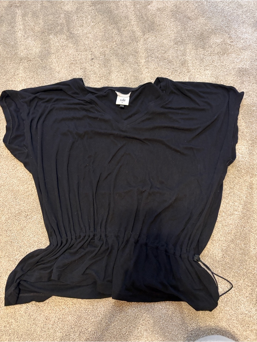 CAbi Black V-Neck Drawstring Waist Short Sleeve Top